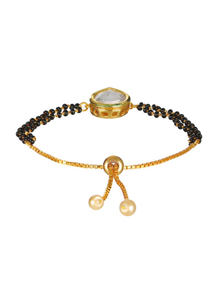 Priyaasi Kundan Pearl Black Bead Gold-Plated Mangalsutra Bracelet