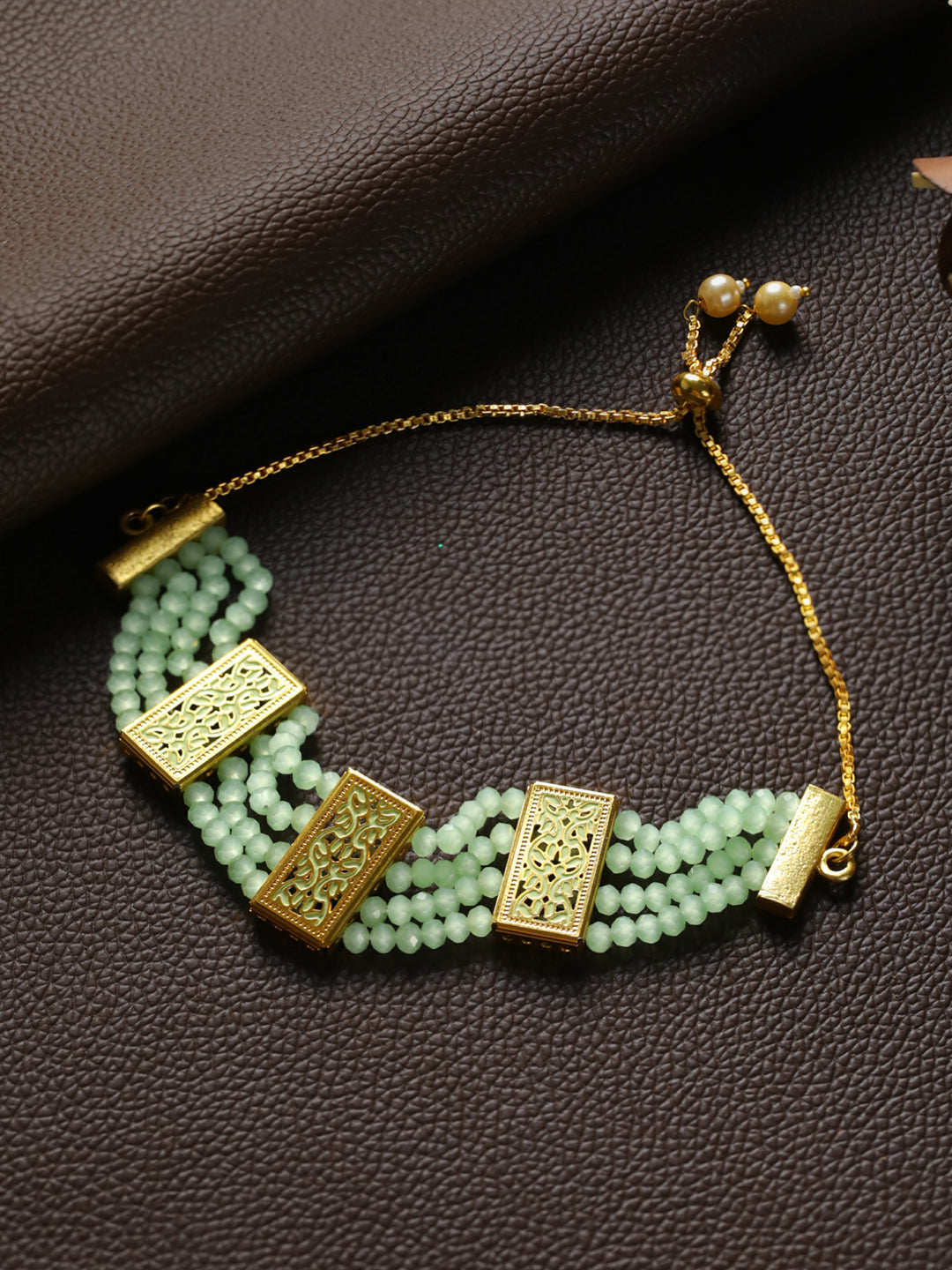 Priyaasi Green Leaf Meenakari Multilayer Gold-Plated Bracelet