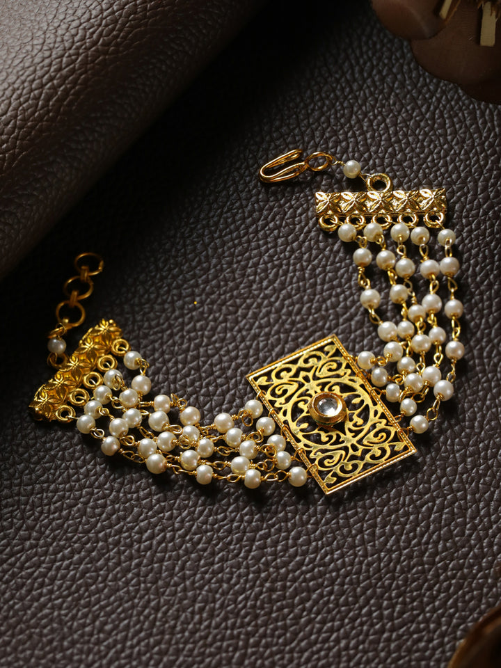 Priyaasi Elegant Floral Multilayer Pearl Gold-Plated Bracelet