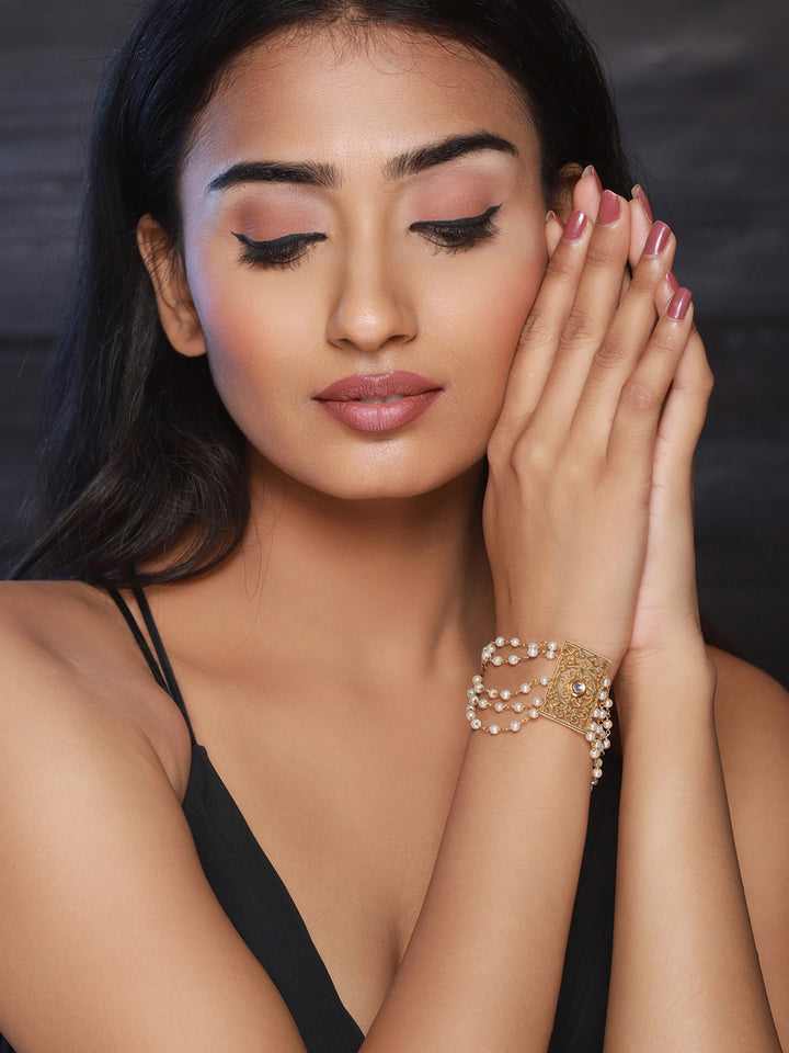 Priyaasi Elegant Floral Multilayer Pearl Gold-Plated Bracelet