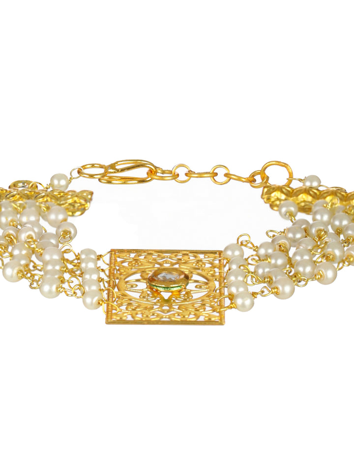 Priyaasi Elegant Floral Multilayer Pearl Gold-Plated Bracelet