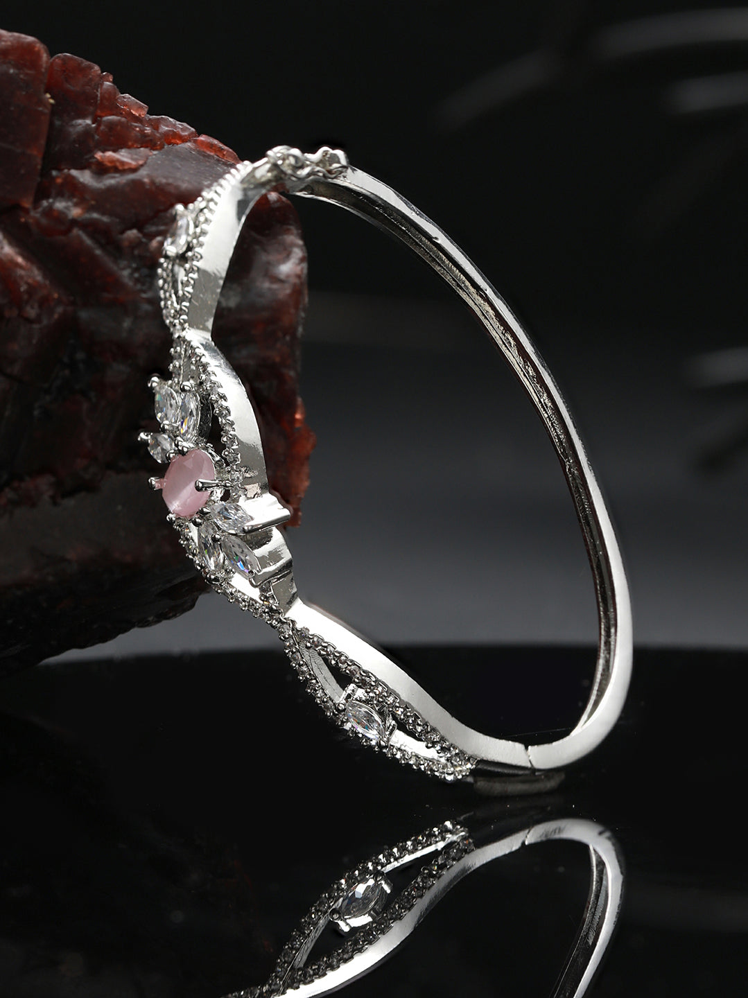 Pink Floral American Diamond Silver-Plated Bracelet