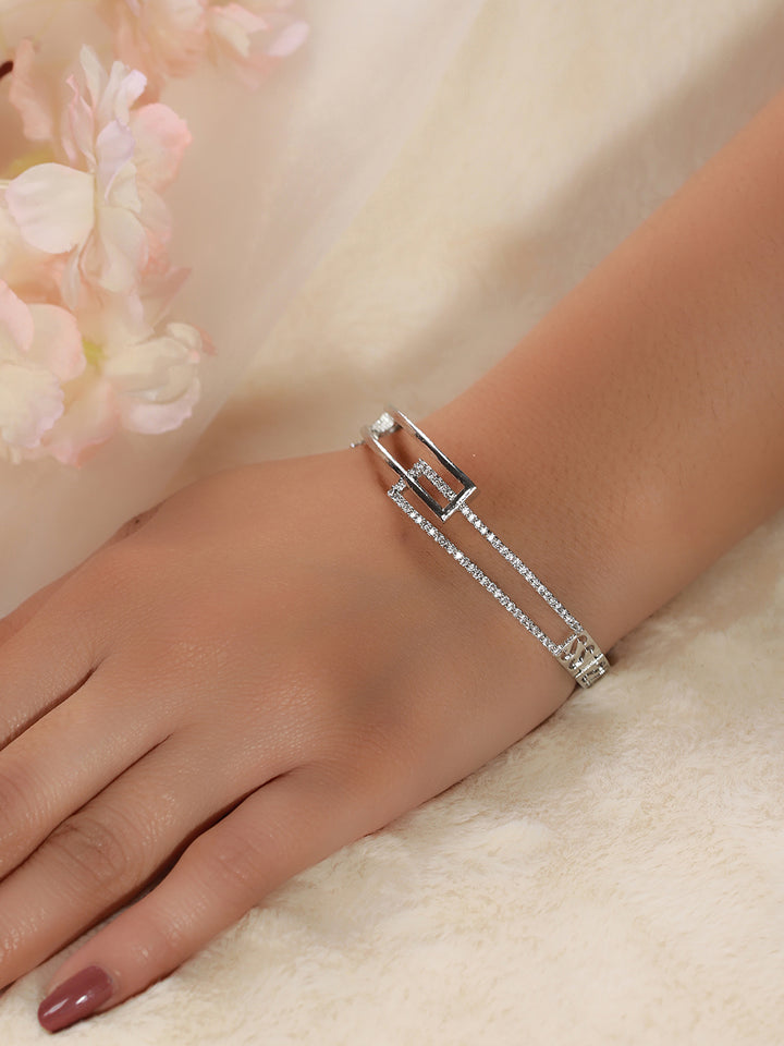 Geometric Solid American Diamond Silver-Plated Bracelet
