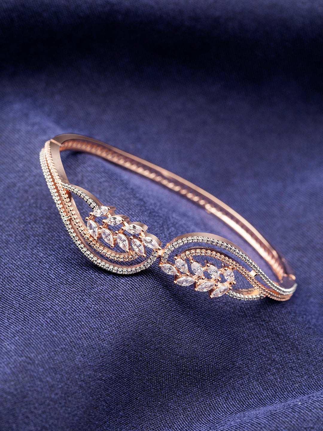 Stylish Leaf Design AD Studded Rose Gold-Plated Bracelet