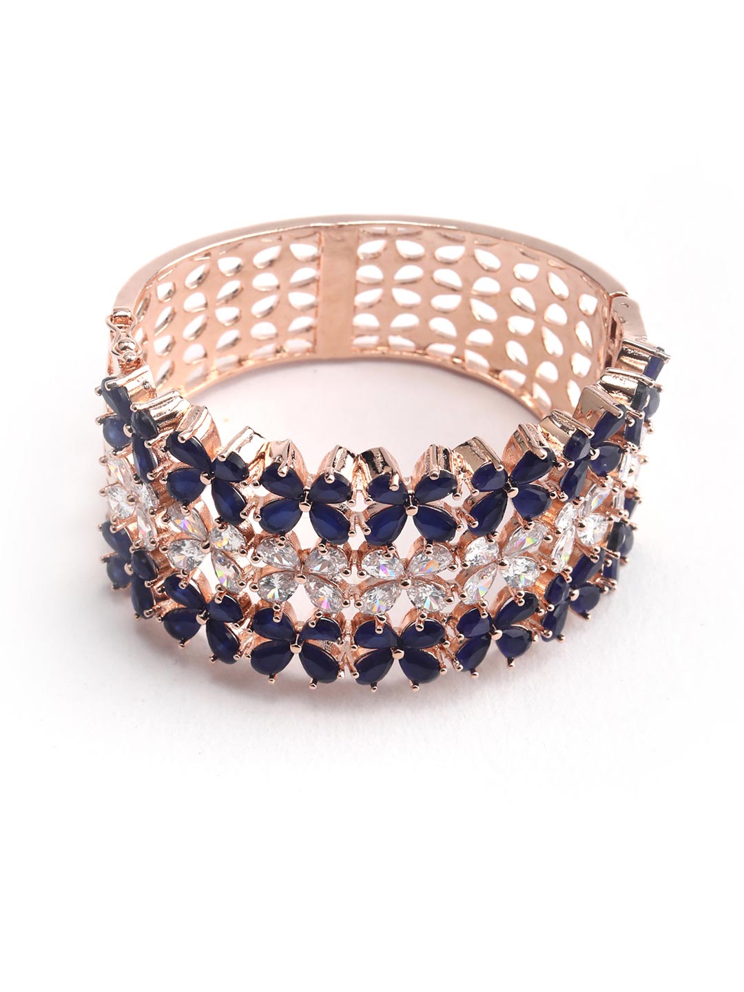 Blue Stones American Diamond Rose Gold Plated Cuff Bracelet