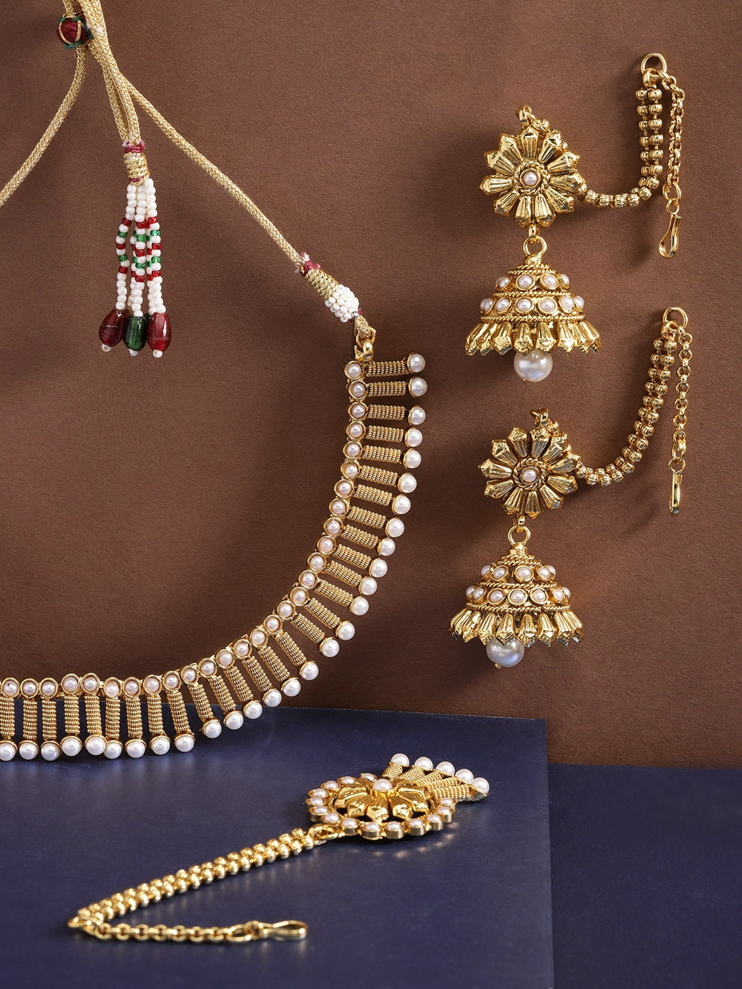 White Beads Gold Plated MaangTika Jewellery Set