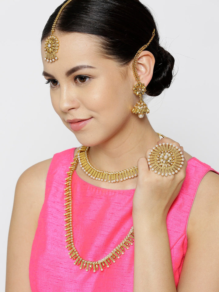 Beads Gold Plated Jewellery Set with Maang Tikka & Ring