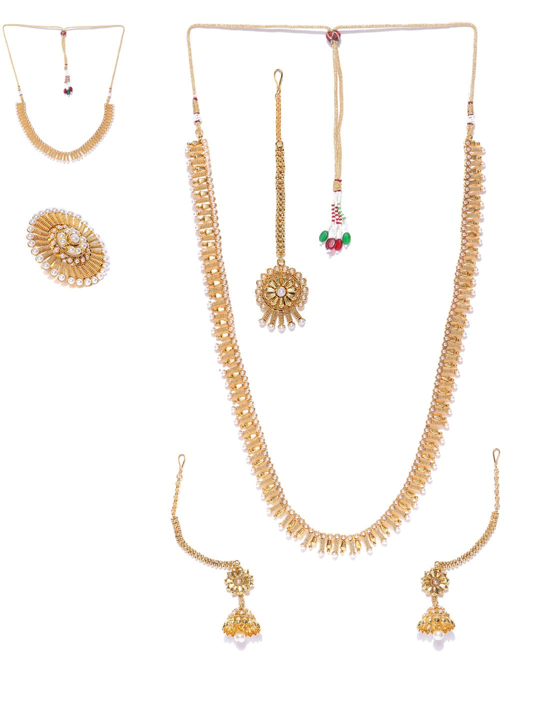 Beads Gold Plated Jewellery Set with Maang Tikka & Ring