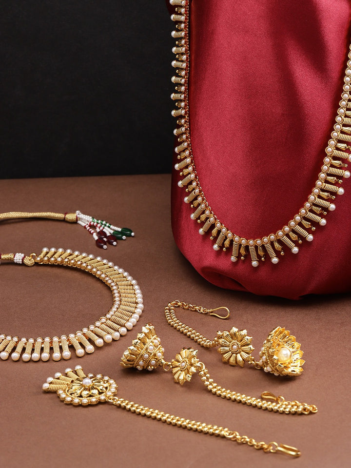 2 Gold-Plated Pearls Necklaces With Jhumki & Maangtika