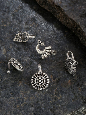 Set of 5 Oxidised Silver-Plated Free Size Clip-On Nosepins