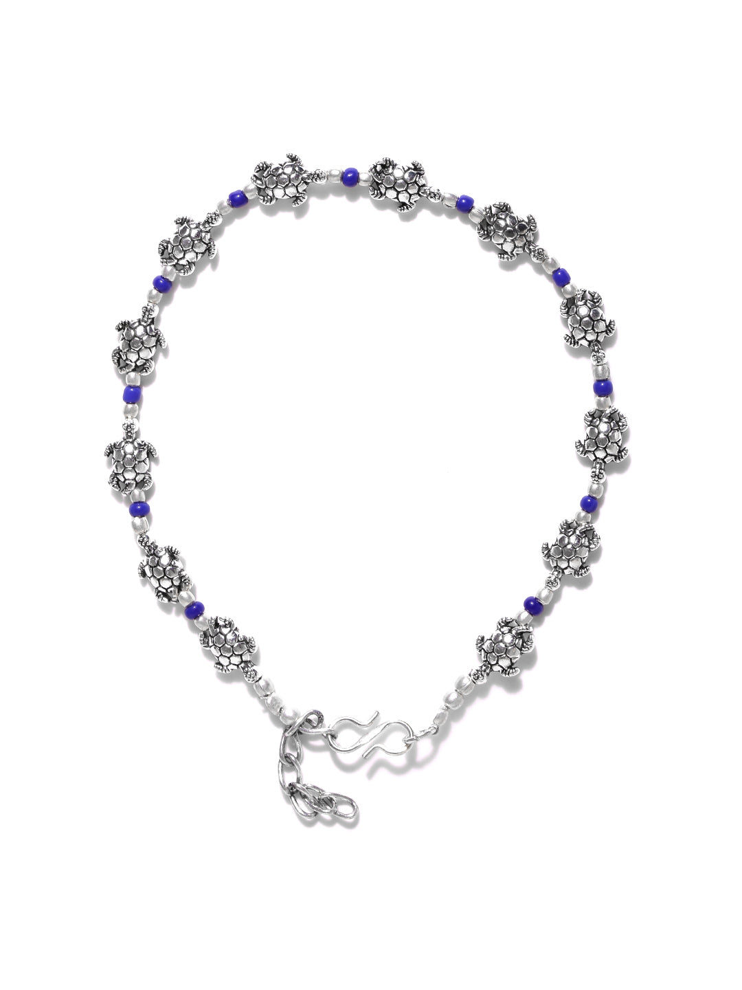 German Silver/Oxidized Tortoise Design With Blue Beads Set Of 2 Anklet/Payal