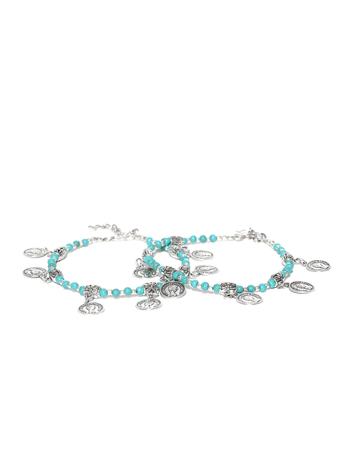 Set Of 2 Oxidised Silver Blue Beaded Coin Drop Anklets