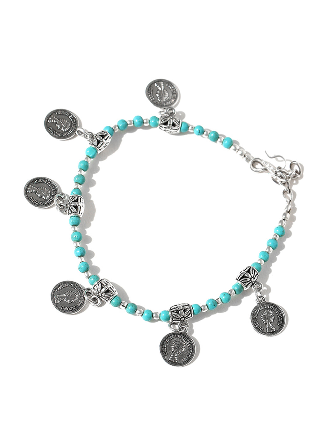 Set Of 2 Oxidised Silver Blue Beaded Coin Drop Anklets