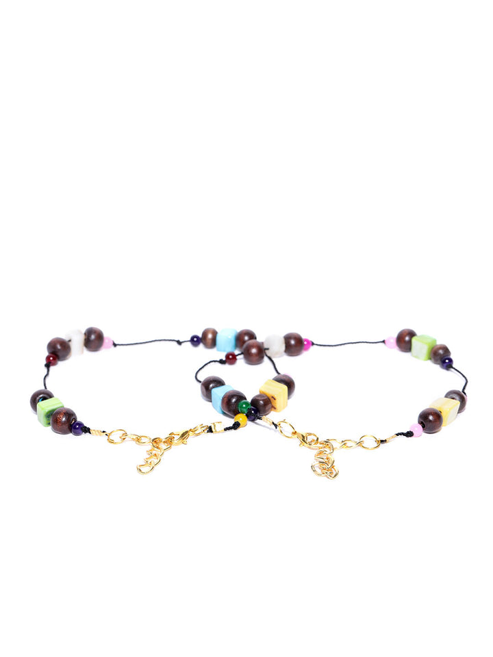 Multicolor Beads Silk Thread Handcrafted Anklets Set Of 2