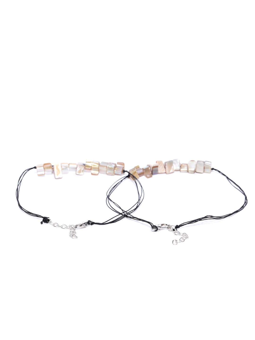 Set Of 2 Handcrafted Beige Beaded Anklets