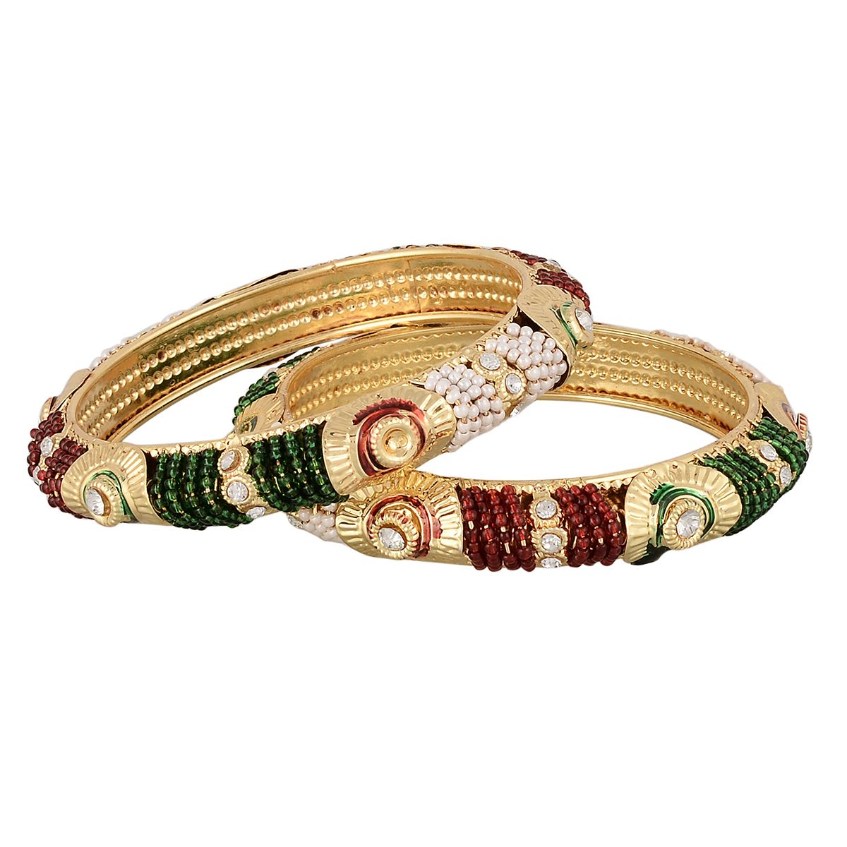 Set Of 2 Gold-Plated Red & Green Beaded Bangles