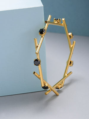 Gold-Plated Black Stones Studded Bangle-Style Bracelet