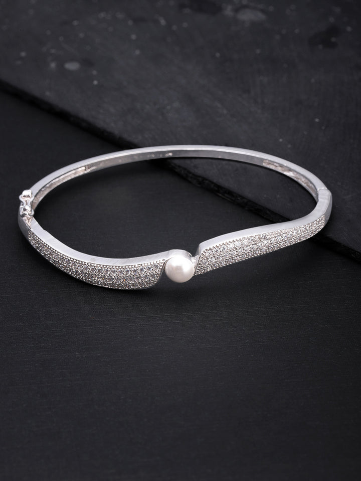 Silver-Plated American Diamond and Pearls Studded Bracelet