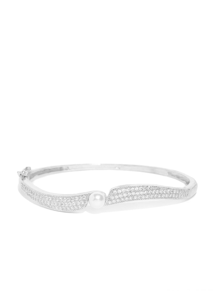 Silver-Plated American Diamond and Pearls Studded Bracelet