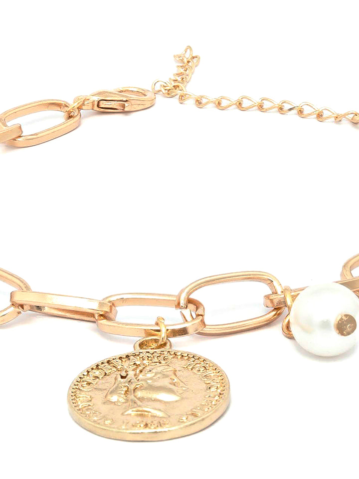 White Pearls Rose Gold Plated Coin Link Bracelet