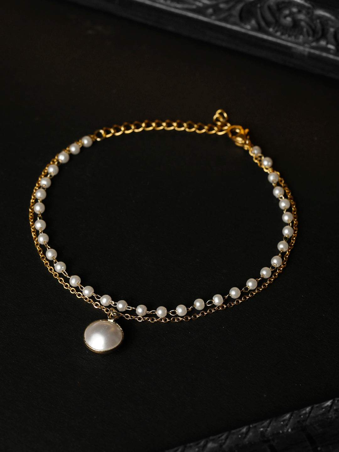 White Pearls & Beads Gold Plated Link Bracelet