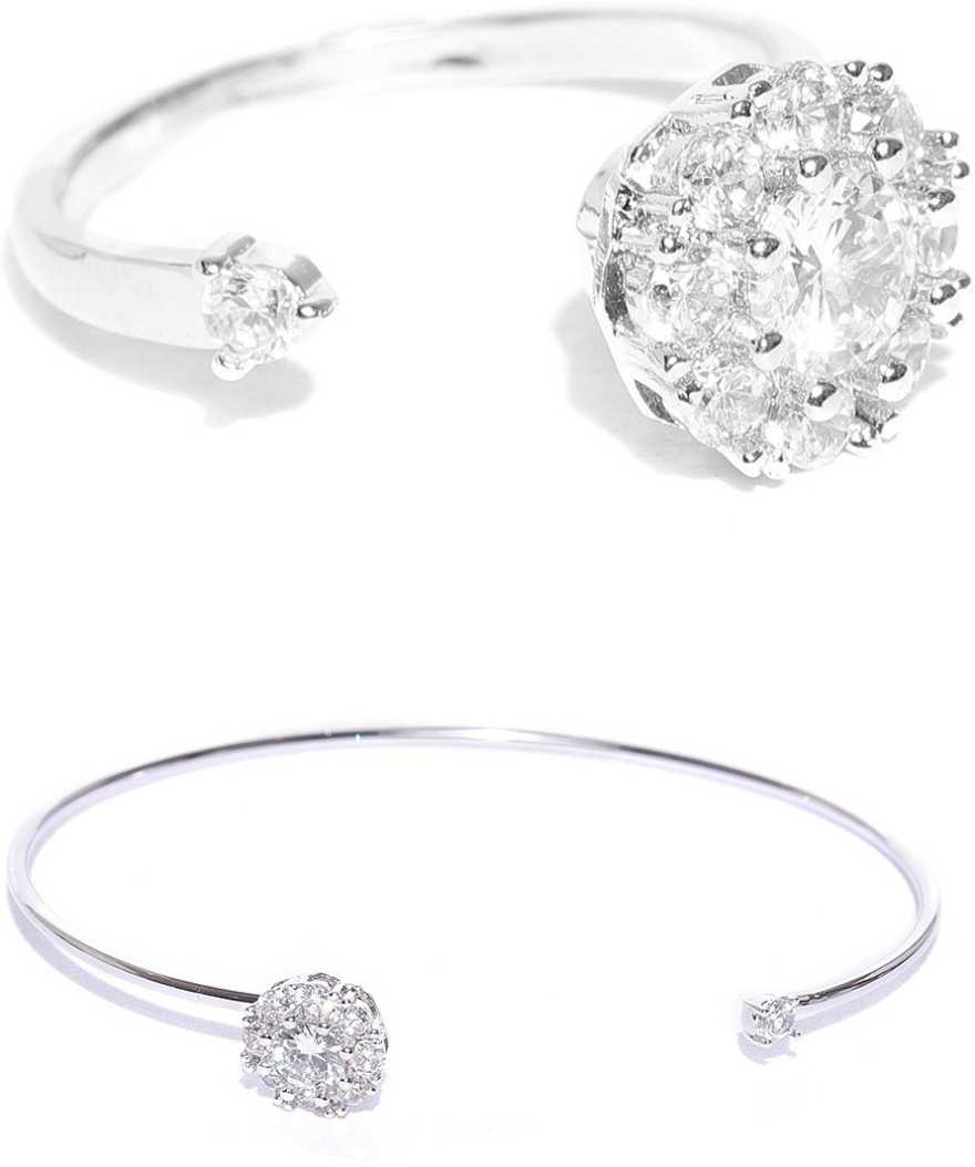 Silver-Plated Revolving Ring And American Diamond Bracelet Set