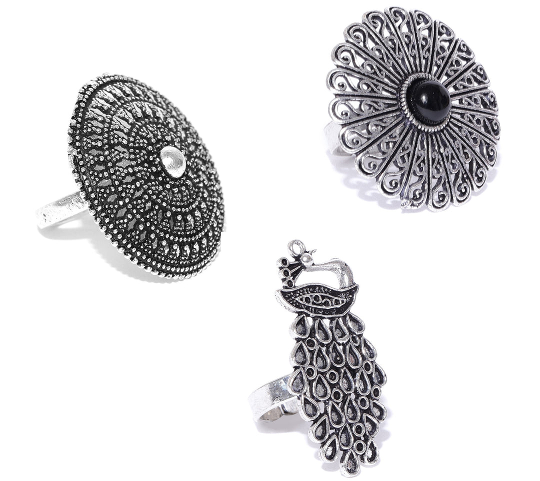 Oxidised Combo With Round And Peacock Shaped Rings -Set of 3