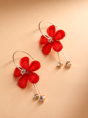 Gold-Plated Stones Studded Floral Drop Earrings in Red Color