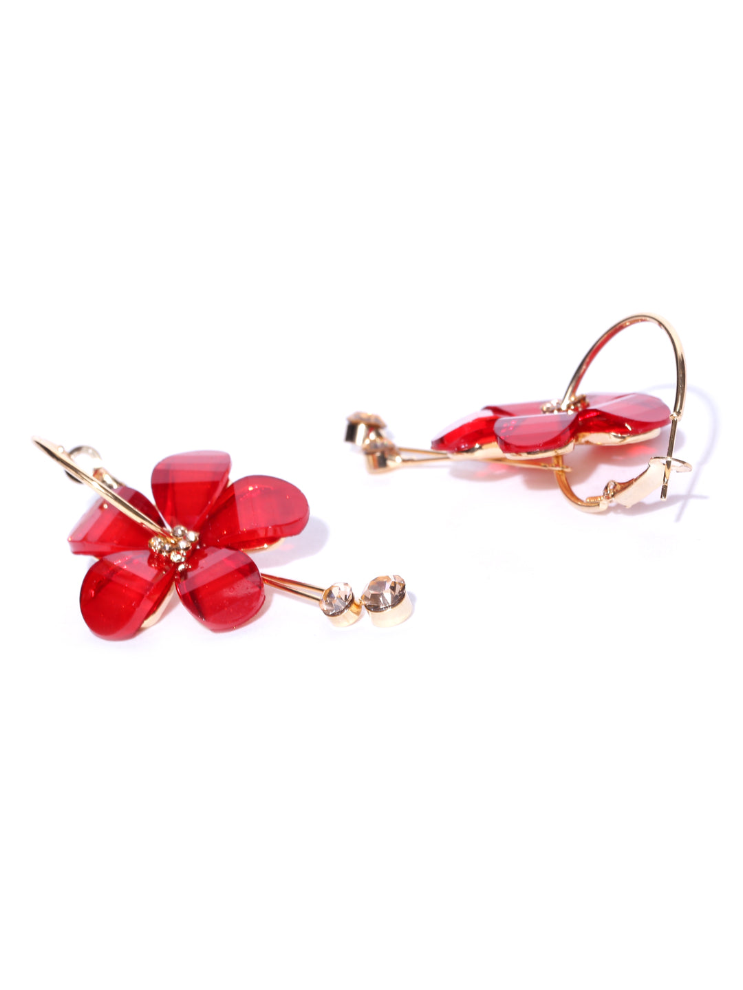 Gold-Plated Stones Studded Floral Drop Earrings in Red Color