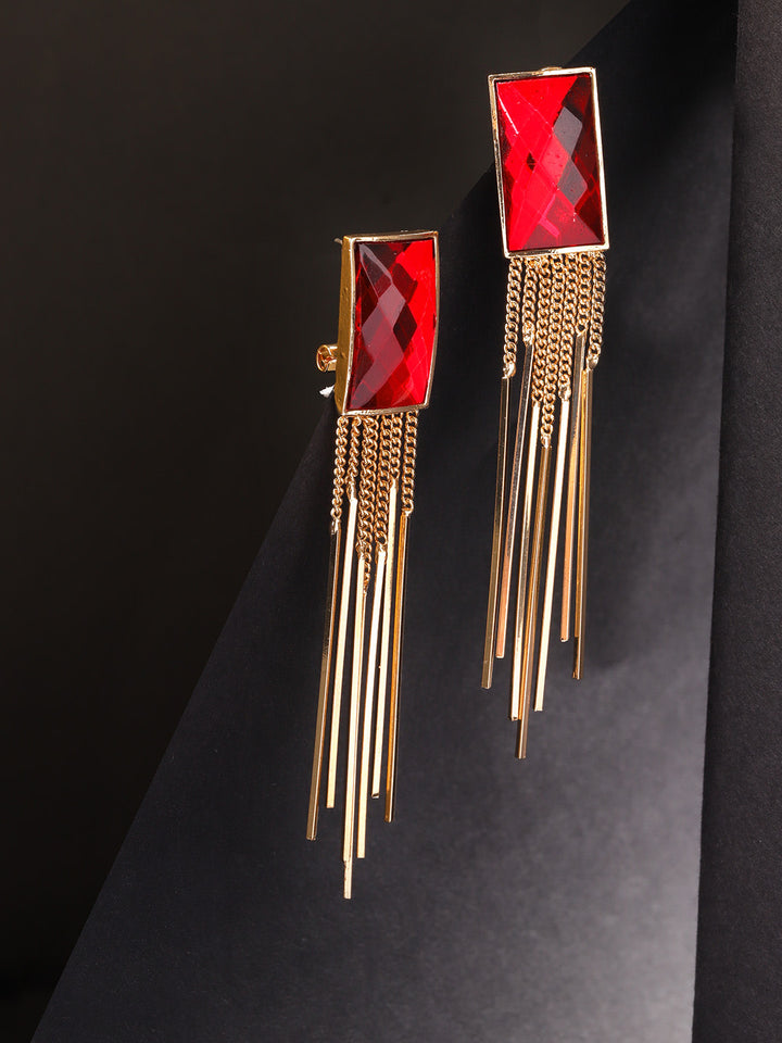 Gold Tone Earrings With Rediant Red Stone