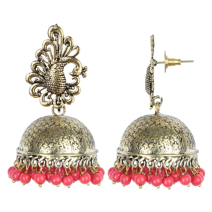 Peacock Inspired Red Pearl Gold Plated Jhumki Earrings For Women