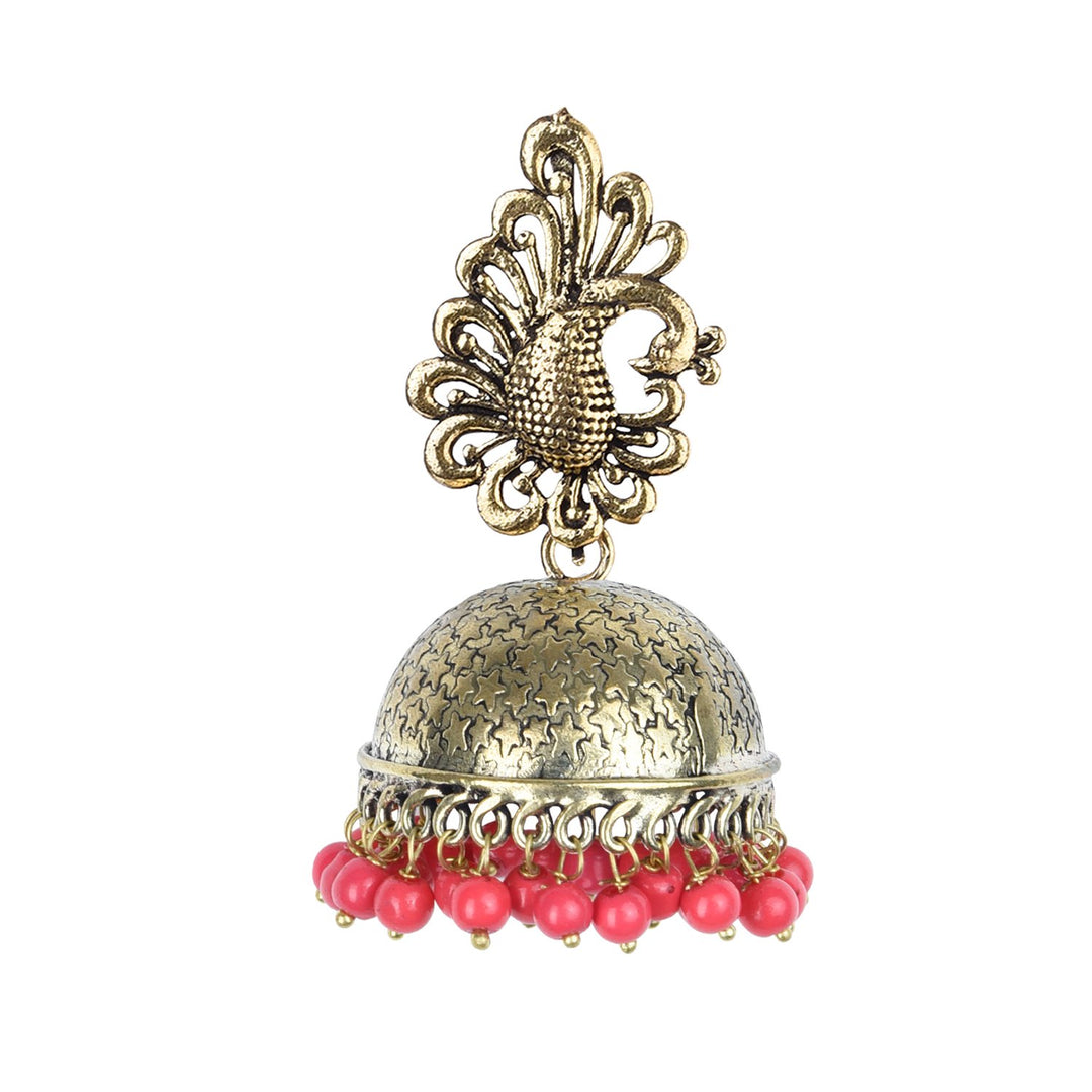 Peacock Inspired Red Pearl Gold Plated Jhumki Earrings For Women