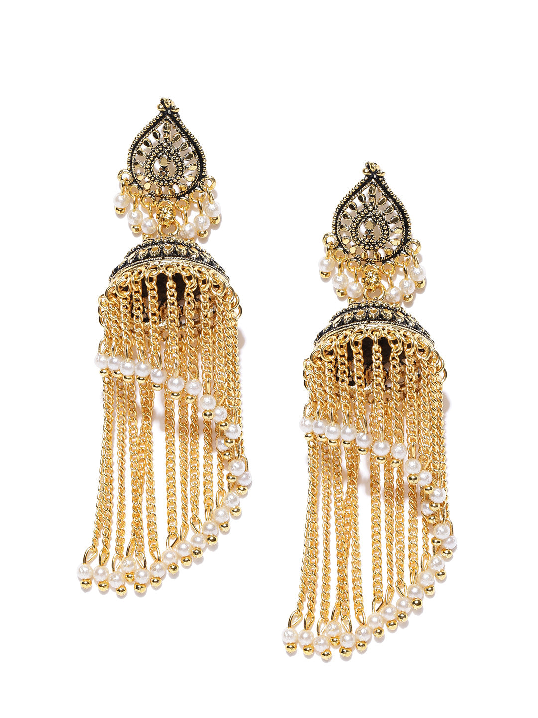 Jumbo Golden Pearl tassel Jhumkas – House of Jhumkas