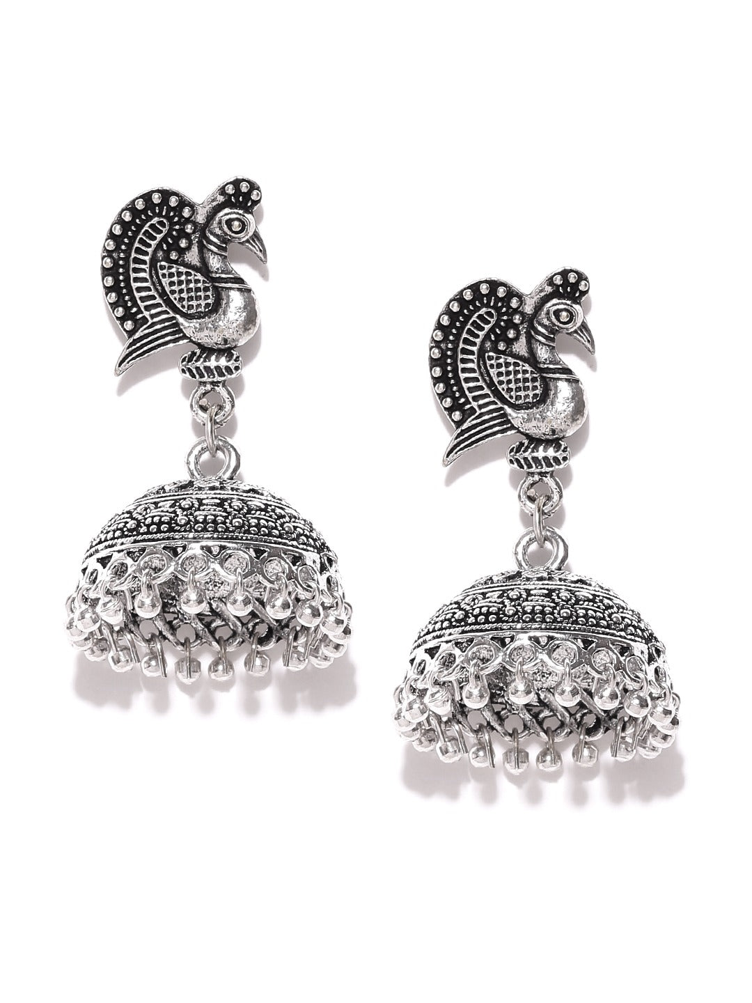 Peacock Inspired German Silver Oxidised Handmade Jhumki Earrings
