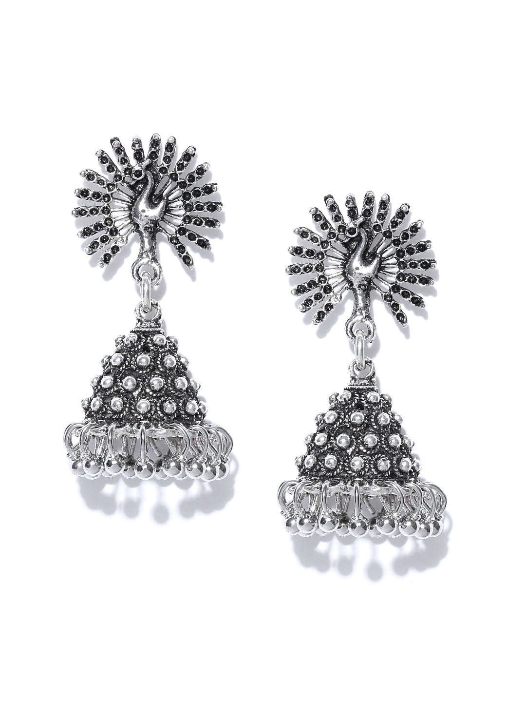 Peacock Inspired German Silver Oxidised Handmade Dangler Jhumki Earrings