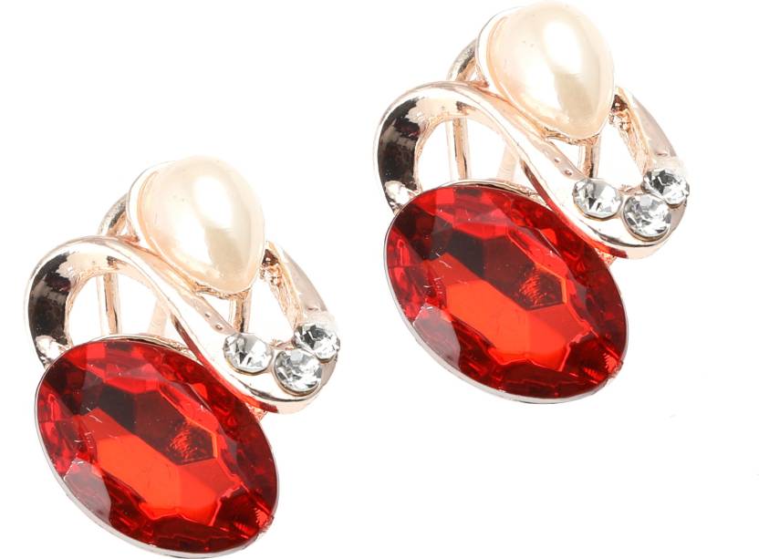 Charming Gold Plated U Shape Metal With Red And White Pearl Party Wear Stud Earrings For Women And Girls