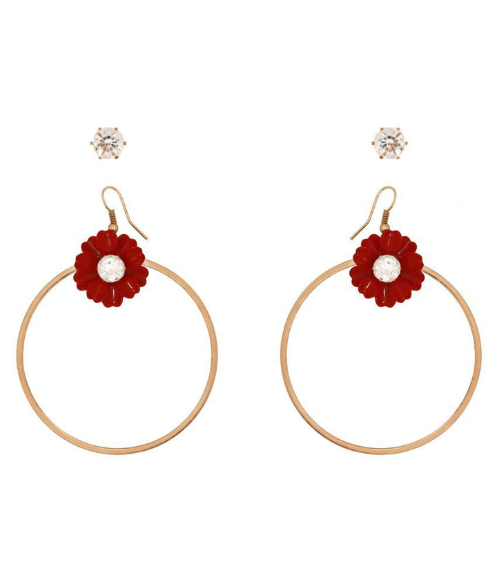 Gold Plated Red Flower Shape Fancy Party Wear Hoop Earrings & Solitar Stud For Women And Girls