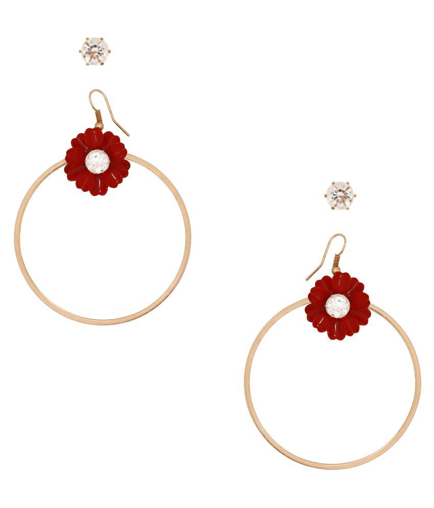 Gold Plated Red Flower Shape Fancy Party Wear Hoop Earrings & Solitar Stud For Women And Girls