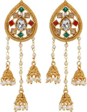 Party Wear 18K Gold Plated Red & Green Polki & Pearl Jhumki/Jhumka Earrings For Girl And Women