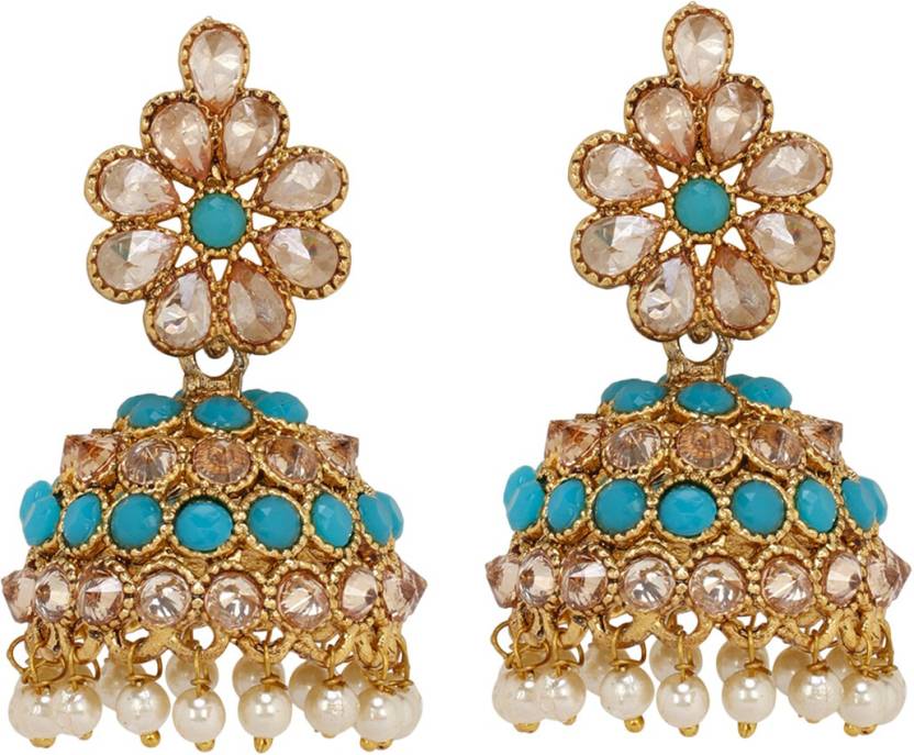 Traditional Gold Plated Partywear Sky Colour Jhumki/Jhumka Earrings For Women Or Girls