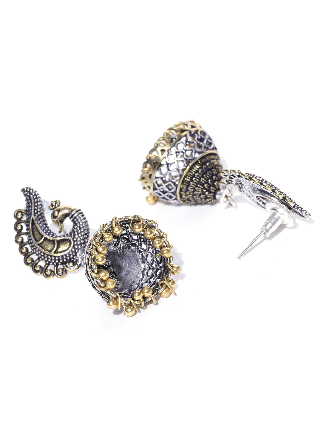 Peacock Inspired German Silver Double Tone Engrave Jhumki/Jhumka Earring