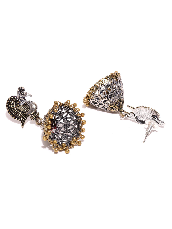 Peacock Inspired German Silver Double Tone Engrave Jhumki/Jhumka Earring