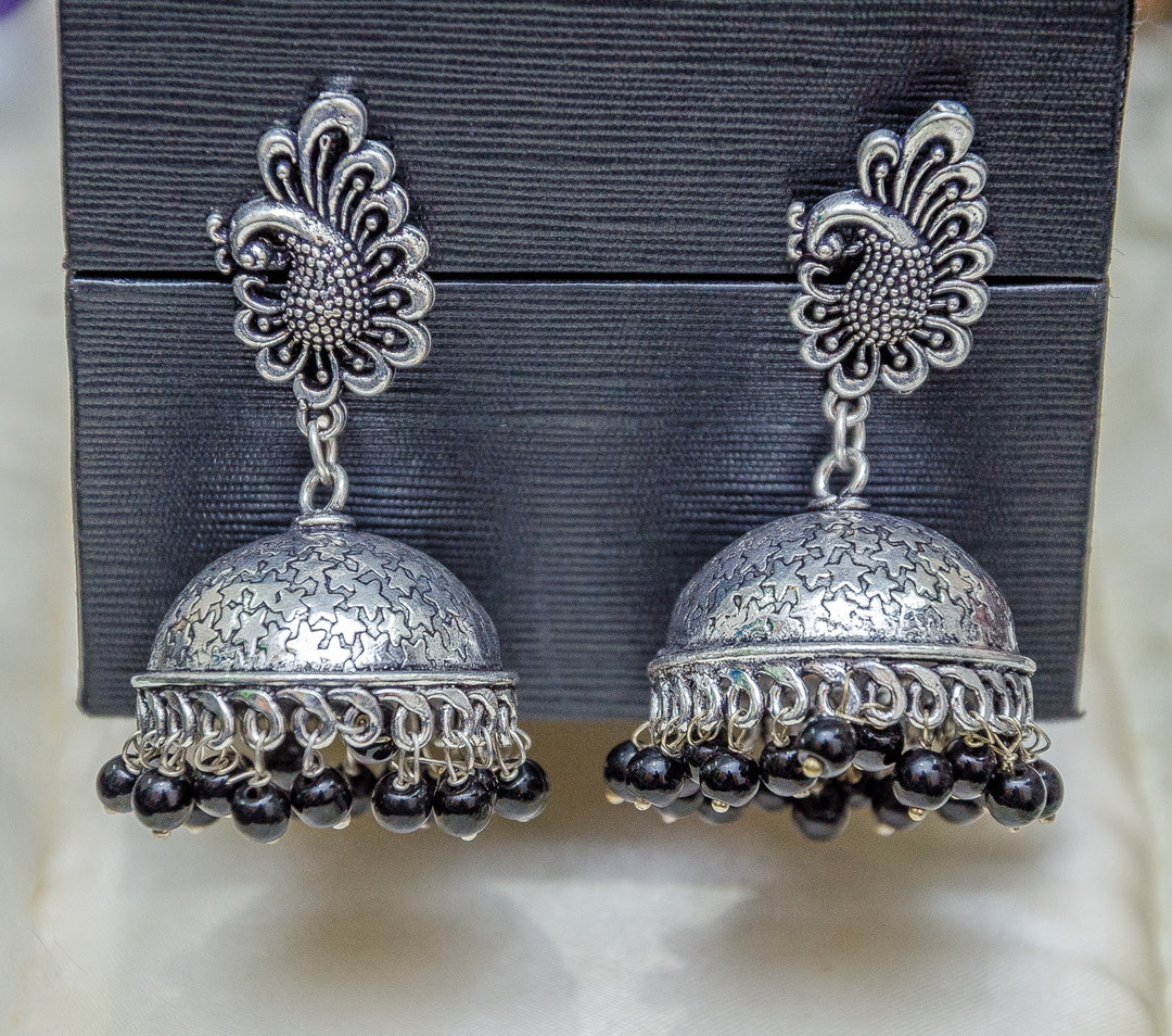 Peacock Inspired Black Pearl Gold Plated Jhumki Earrings For Women