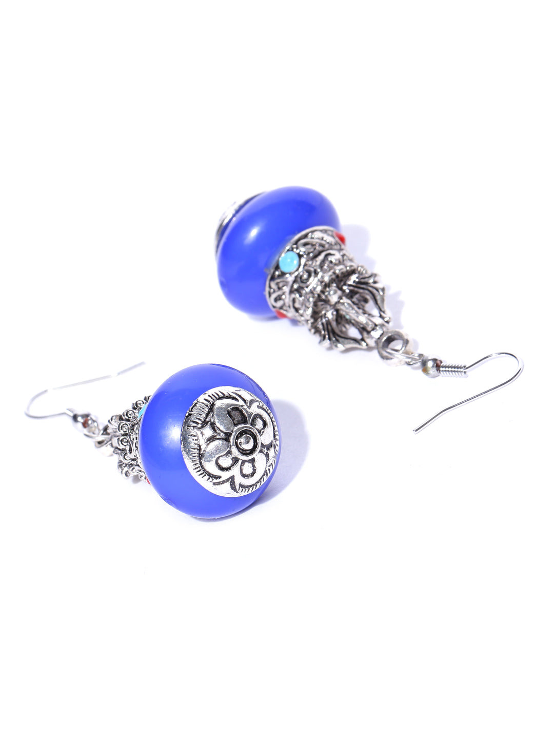 Blue & Oxidised Silver-Toned Handcrafted Contemporary Drop Earrings