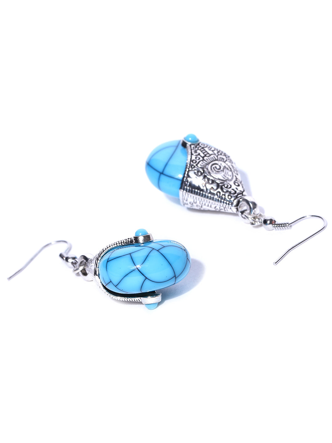 Blue Oxidised Silver-Plated Handcrafted Teardrop Shaped Drop Earrings