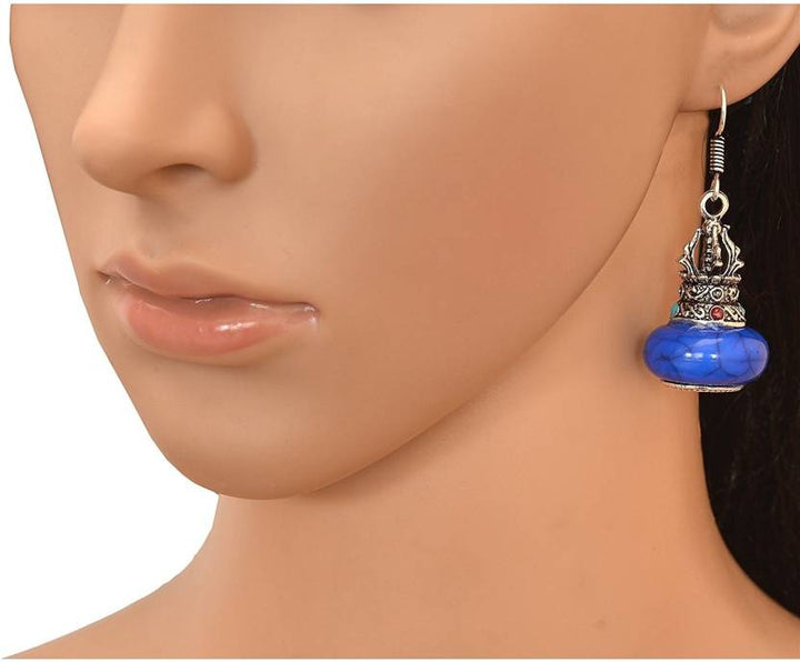 Oxidised Silver-Plated Antique Drop Earrings In Blue Color