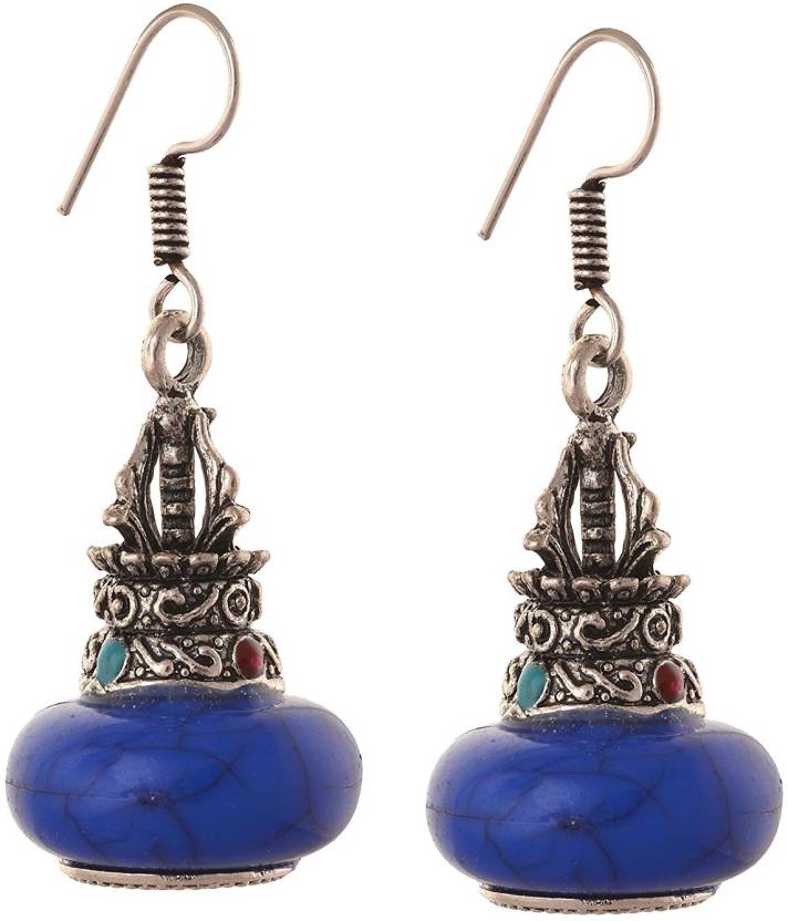 Oxidised Silver-Plated Antique Drop Earrings In Blue Color