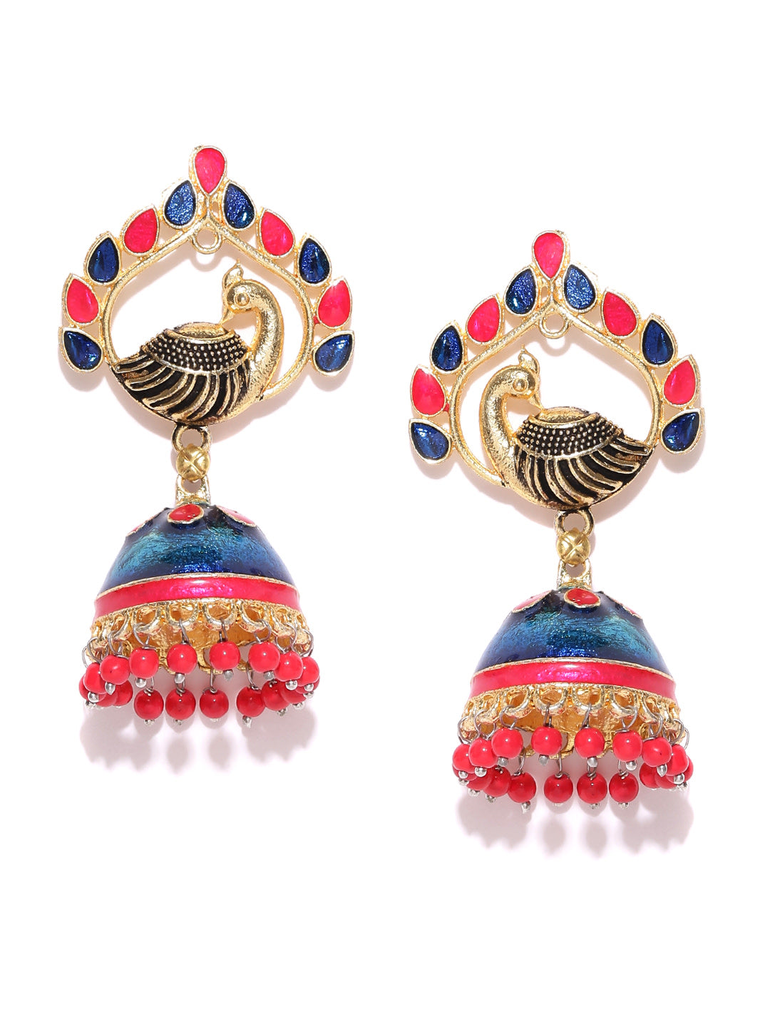 Peacock Inspired Pink & Blue Meenakari Jhumki Earrings