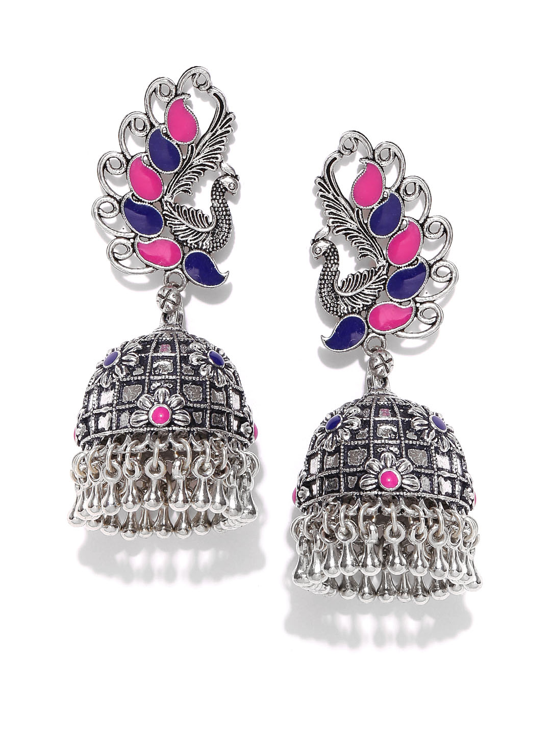 Pink & Blue Meenakari Peacock Shape German Silver Jhumki Earrings