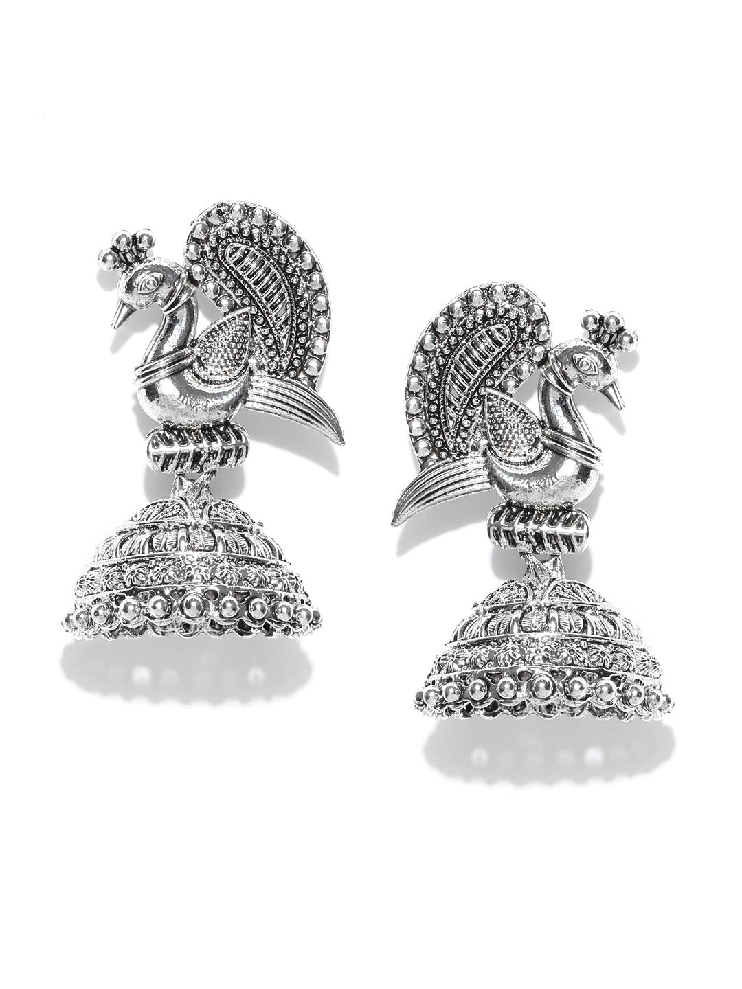Oxidised Silver-Toned Peacock Inspired Earrings